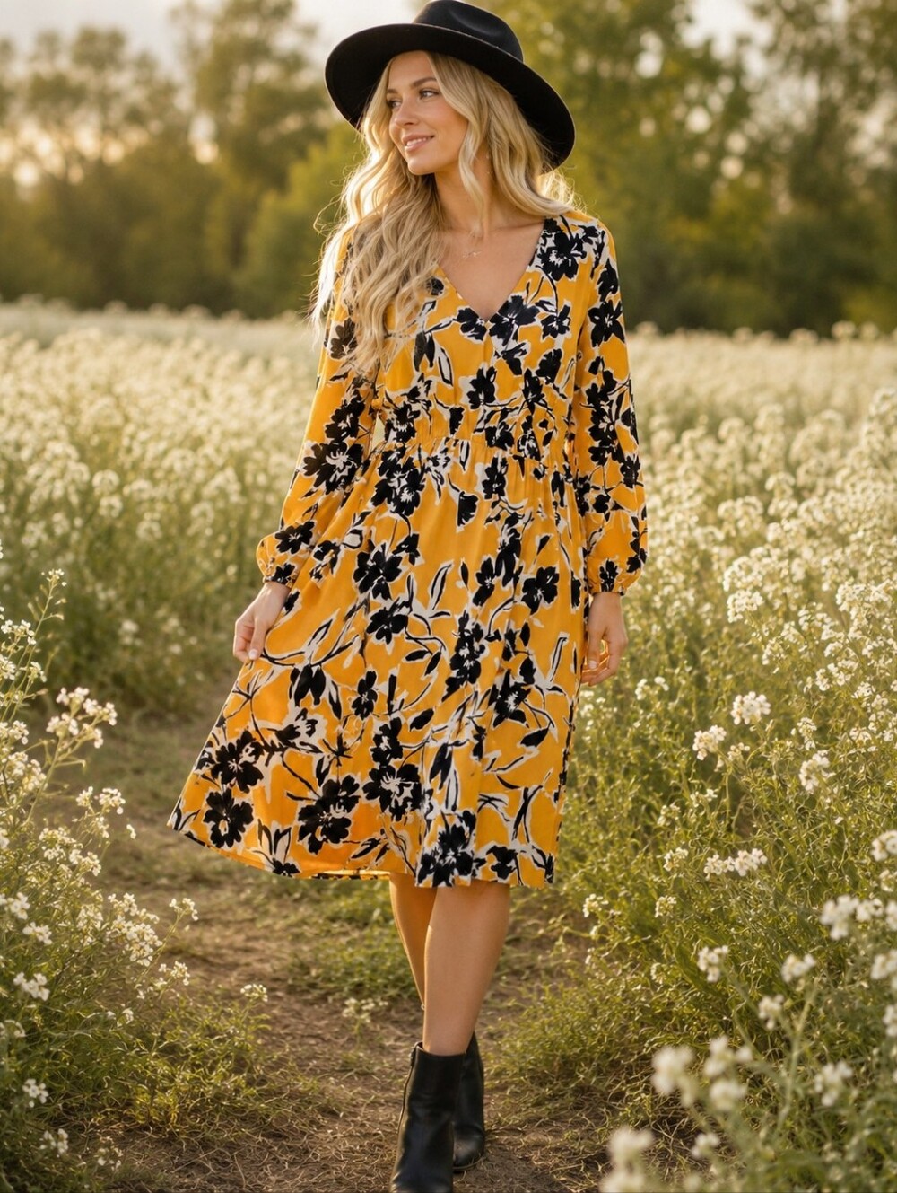 Lane Bryant Yellow Floral V-Neck Midi Dress with Black & White Print